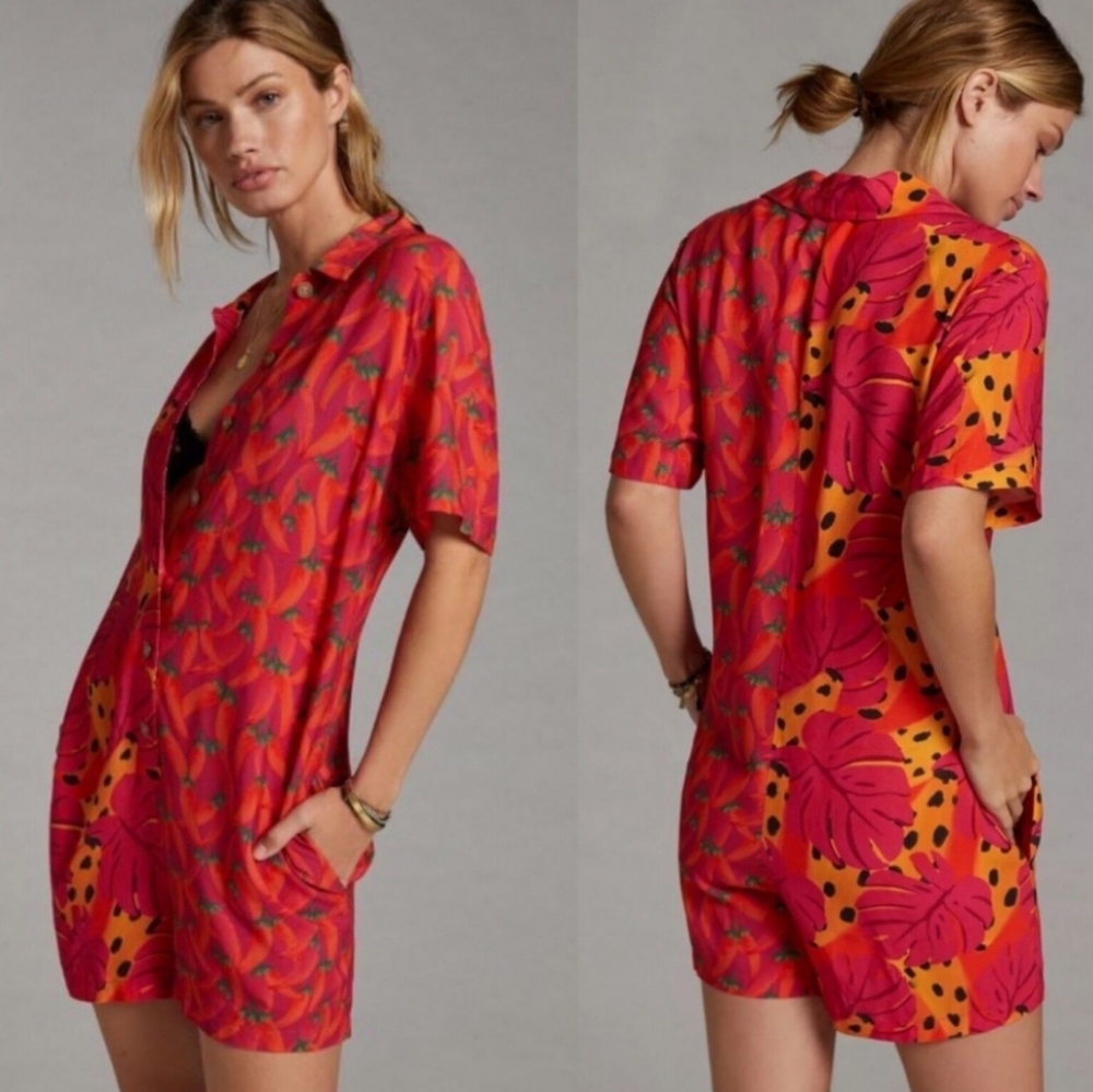 Farm Rio Chili Pepper & Palms Leaves Contrast Print Tropical Romper